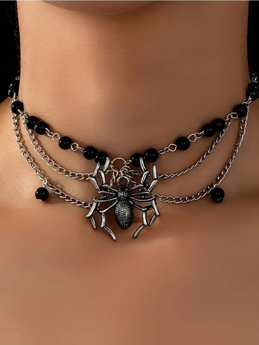 Black Bead & Silver Spider Layered Choker Necklace For Halloween